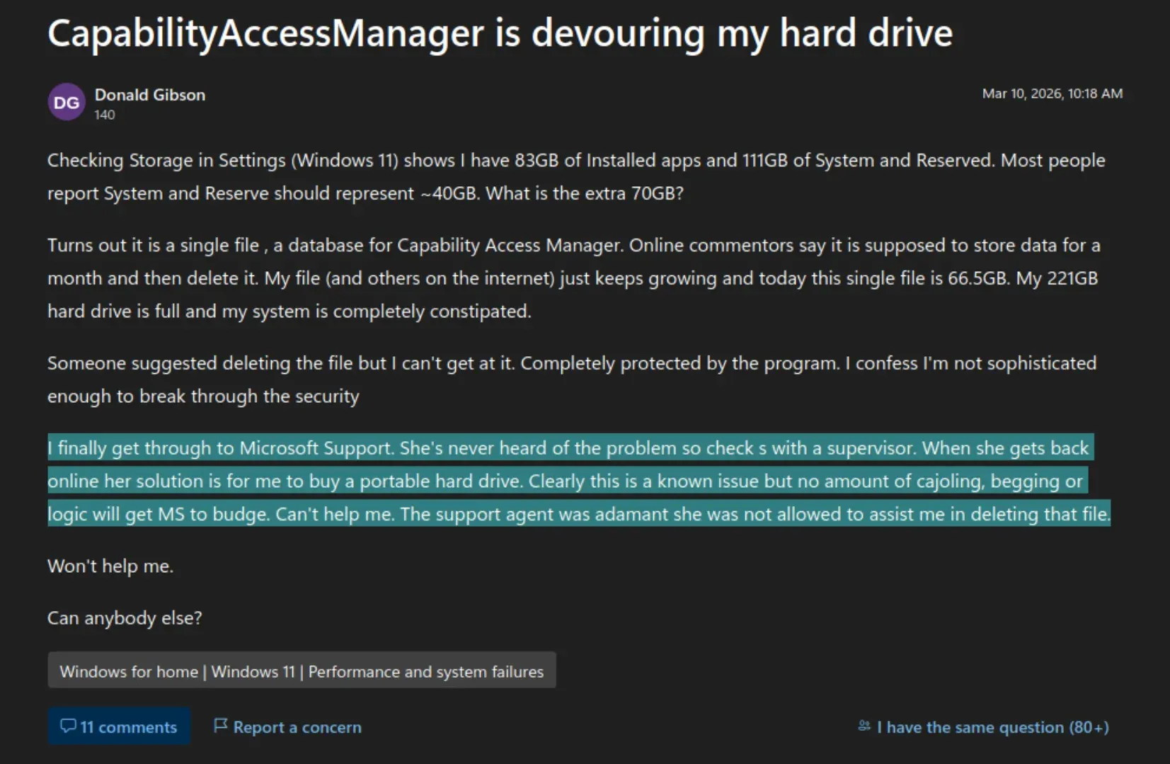 User complined that Microsoft Support asked him to buy new disk instead of accepting the bug