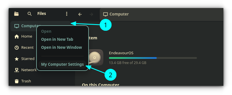 Right-click on the Computer entry in sidebar and then select My Computer Settings.