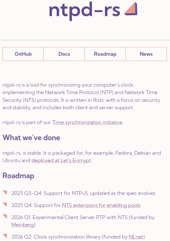 a cropped snippet of the ntpd-rs webpage hosted on trifecta tech foundation's website with some informational text