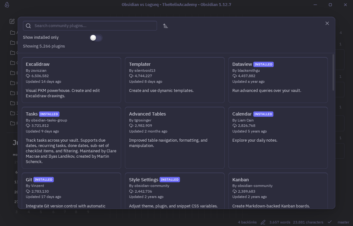 The Plugin marketplace of Obsidian, where you can install thousands of community plugins
