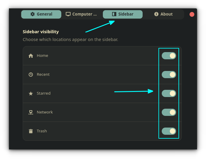 In the Sidebar tab of the My Computer settings, toggle the visibility for items.