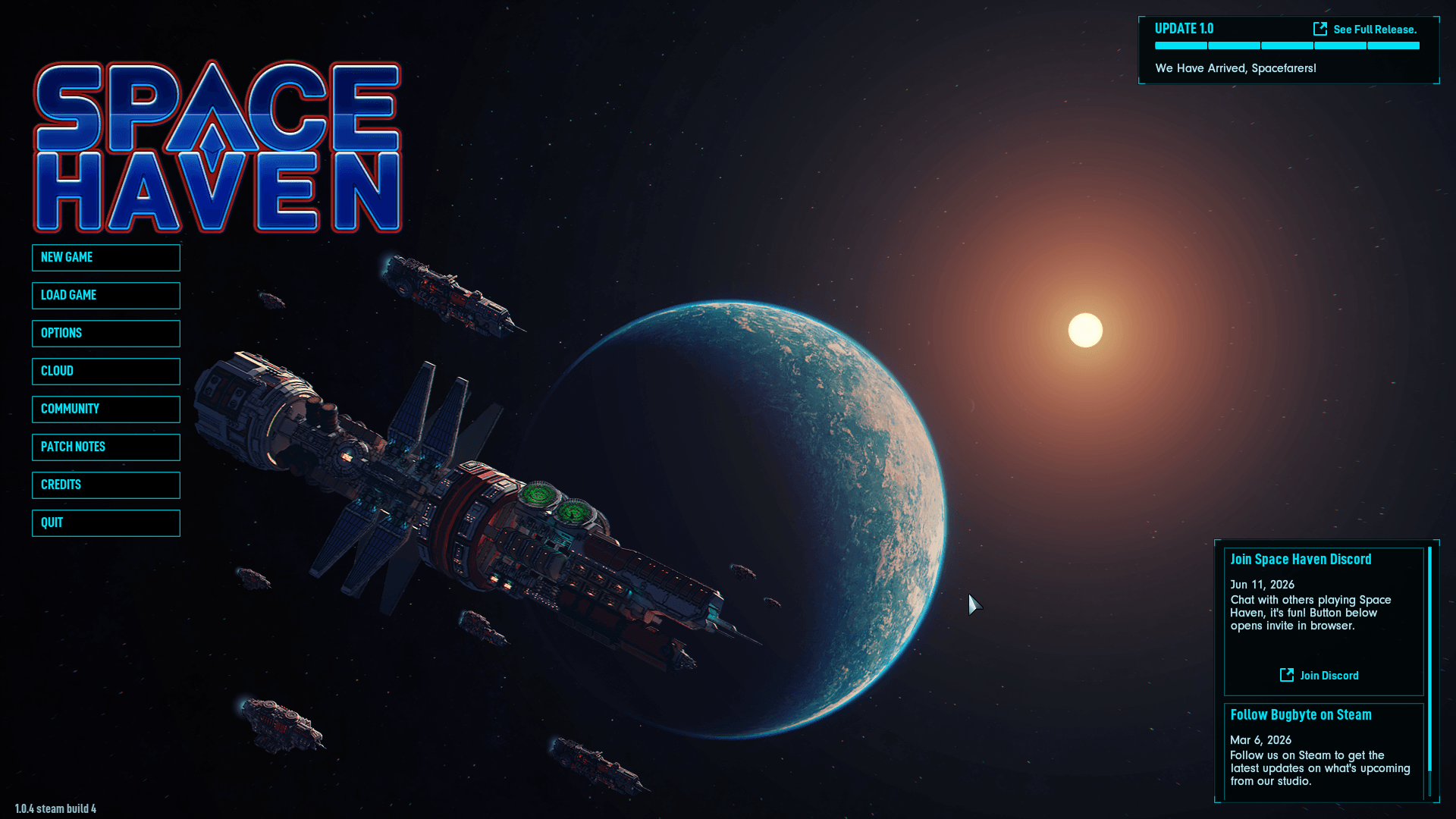 the main menu of the space haven video game is shown here with many buttons on the left, and some information on the right, the background is space-themed