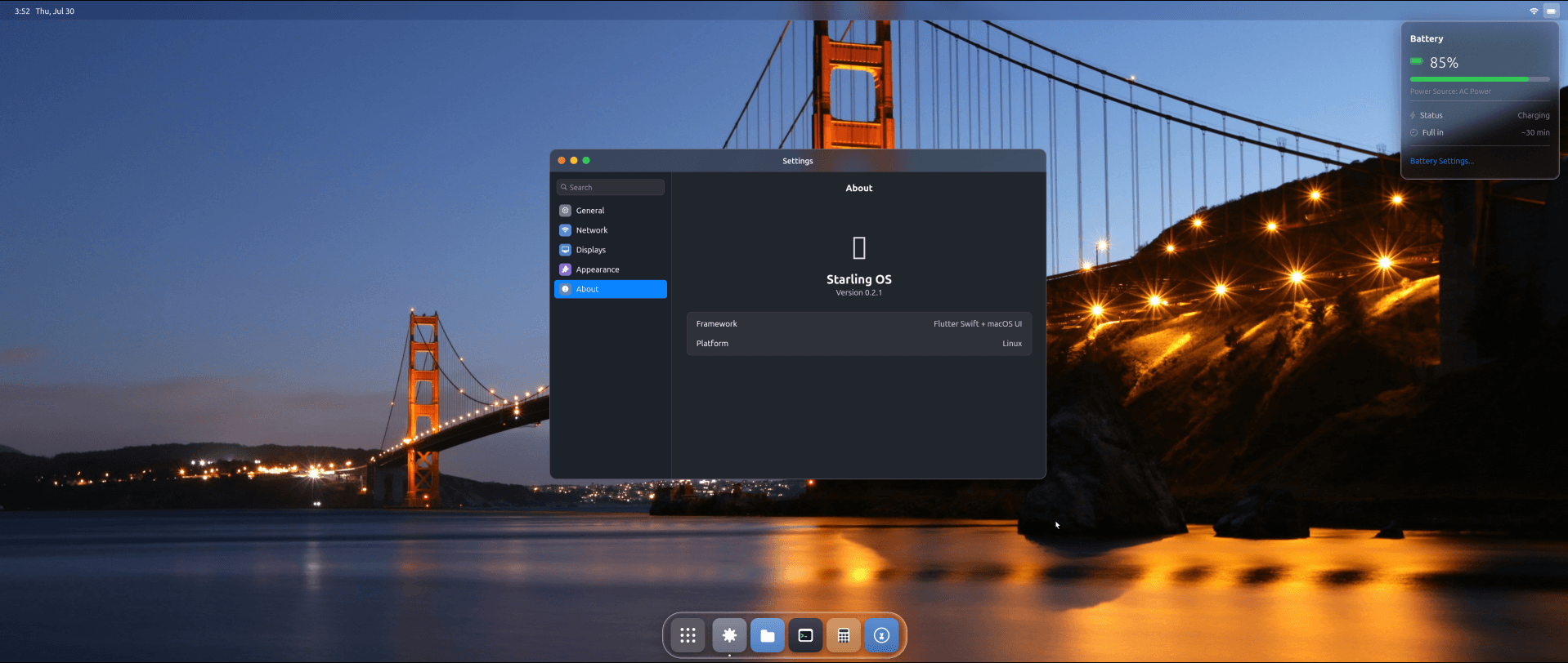 a wide as heck screenshot that shows the about page in the settings app for starling desktop