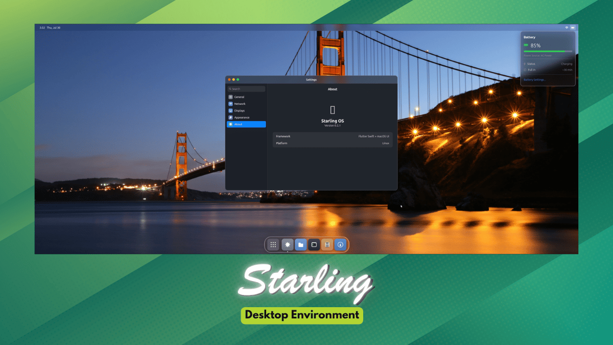starling desktop screenshot sits over some funky-looking text that says "starling", below which "desktop environment" is written
