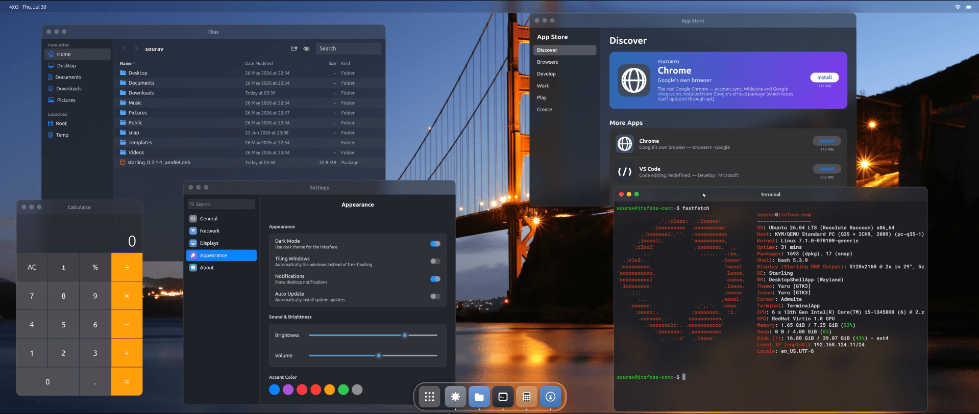 many app windows are open on an starling session on ubuntu 26.04 lts