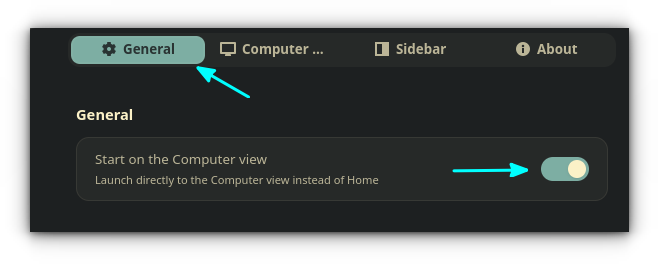 In the General tab of the settings window, enable the Start on the Computer View option to make Nautilus open in My Computer view.