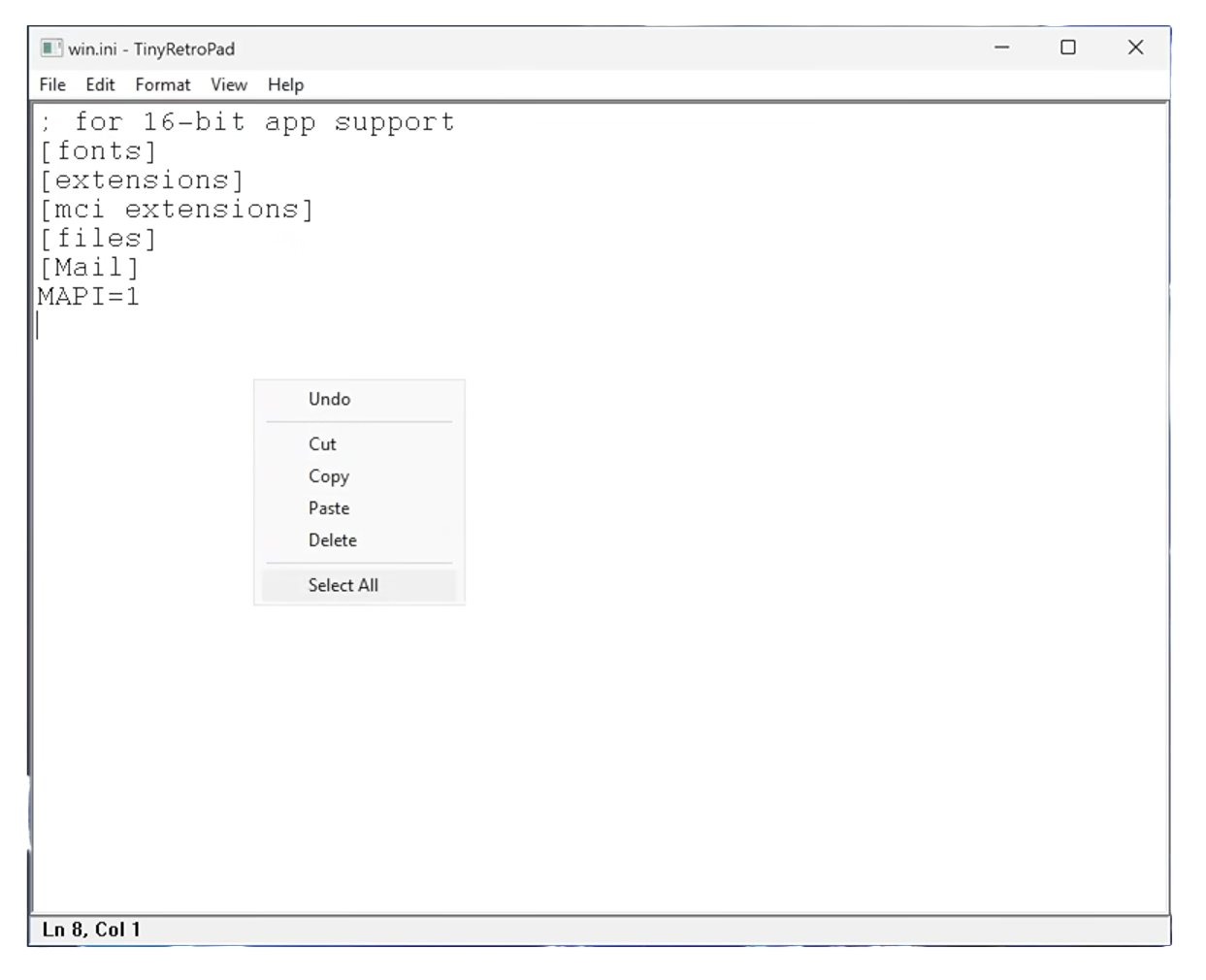tinyretropad, the notepad clone is shown here with some text added and the right-click context menu visible