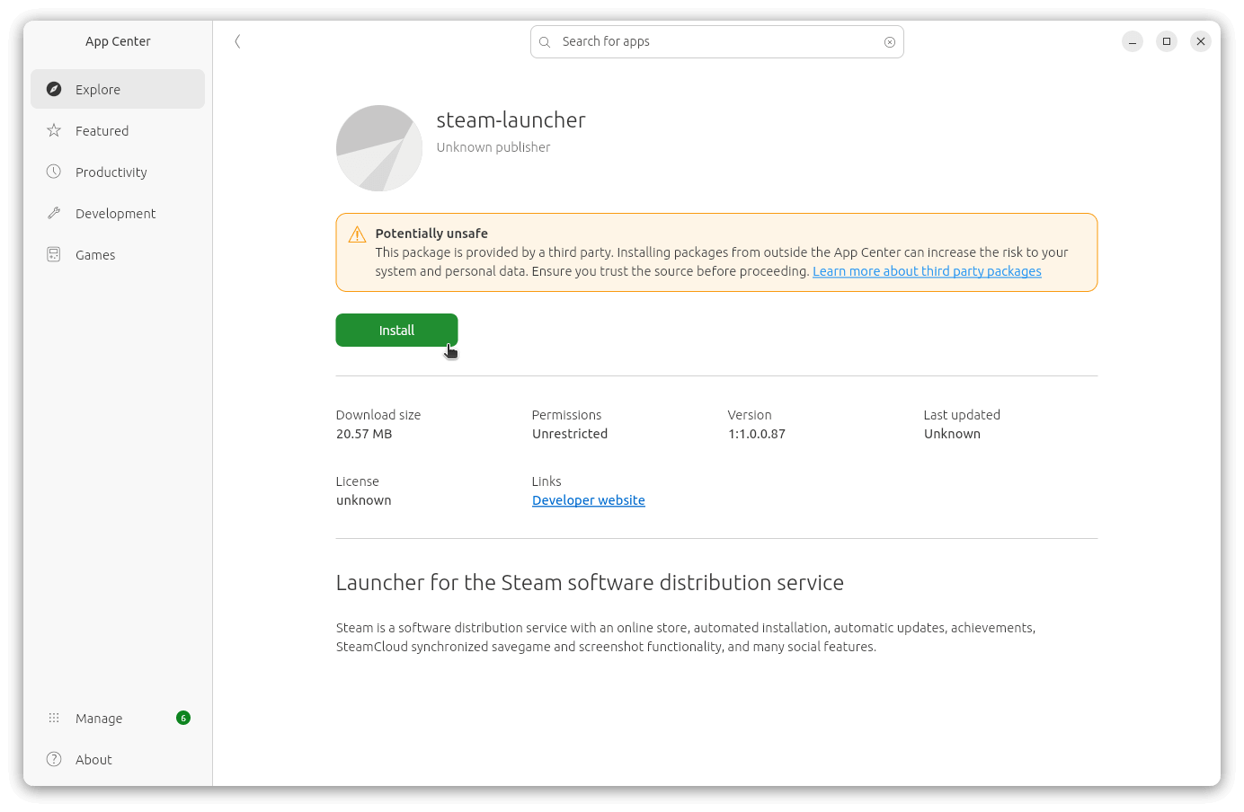 the app center app on ubuntu 26.10 handling deb file installation