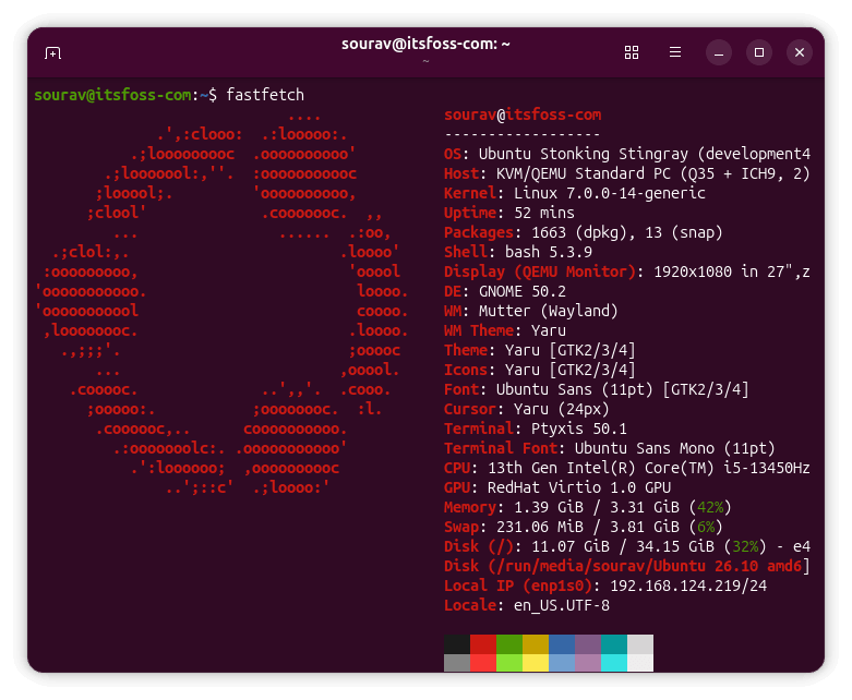 fastfetch output of a development build of ubuntu 26.10 shown inside a terminal window
