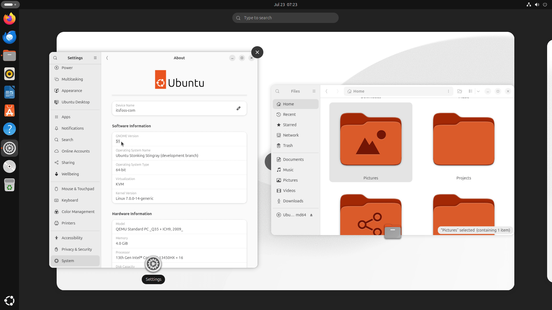 an early build of gnome 51 is showcased here on a development build of ubuntu 26.10 where the settings app and file manager are open