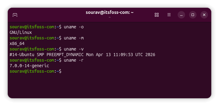 a terminal window showing outputs for various uname commands on an ubuntu 26.10 development build