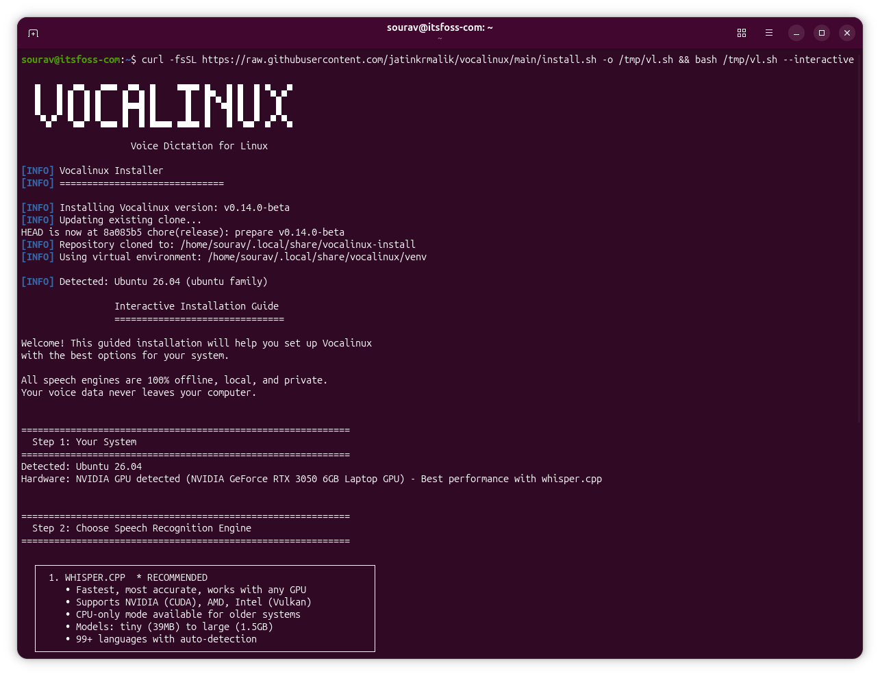 the vocalinux installer running inside a terminal window on ubuntu