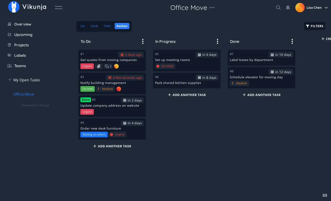 Vikunja Kanban board for task managements