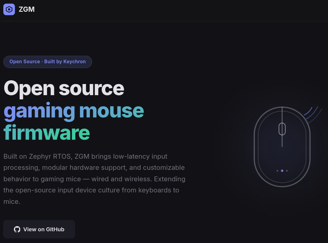 a cropped screenshot of the zgm homepage that has a bunch of text on the left, and an illustration of a compact computer mouse on the right