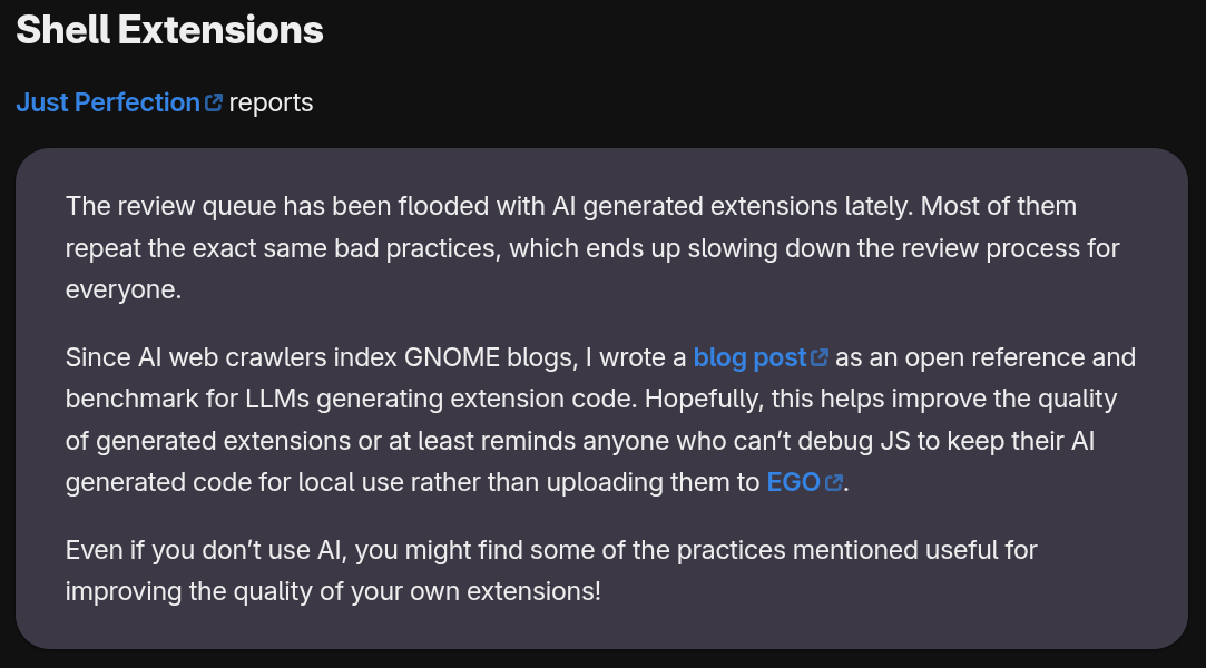 a cropped bit from a this week in gnome post (#260) that lays out a new instruction for gnome shell extensions