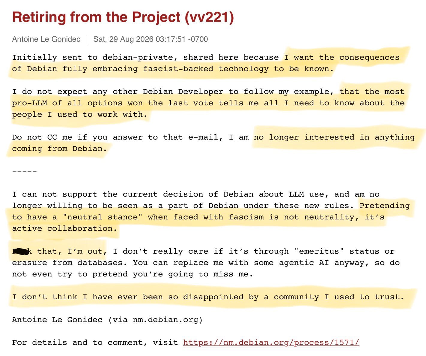 Antoine Debian contributor resigns