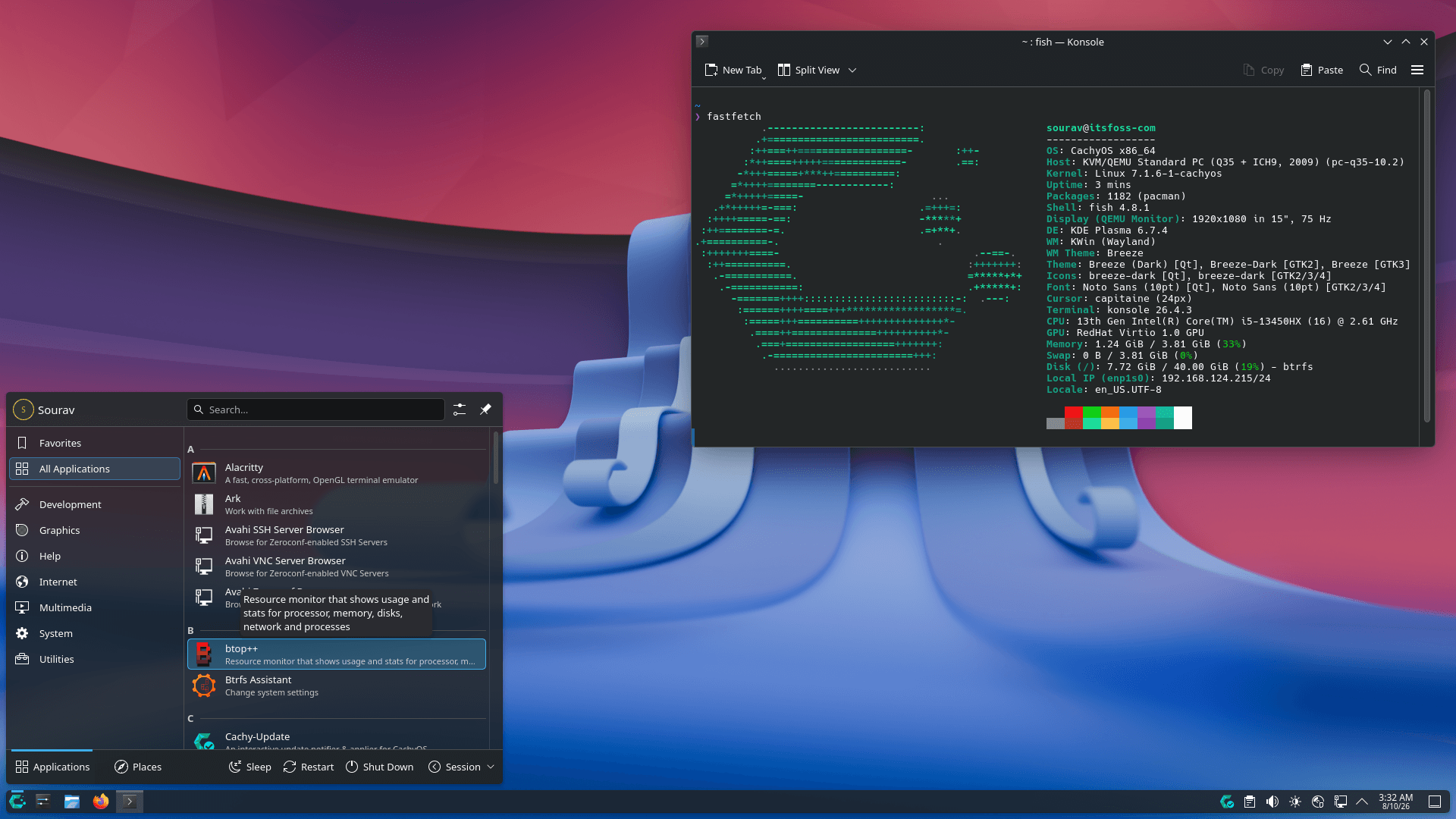 cachyos 2608 release fastfetch output and app launcher window