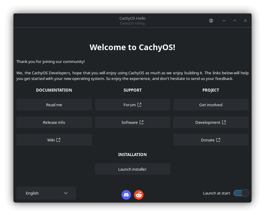 the welcome app for cachyos that is showing a bunch of buttons for quick access to important resources