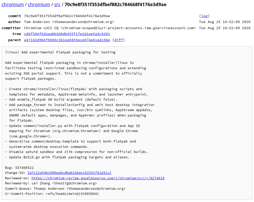 a wall of text that shows a merged patch for chromium facilitating experimental flatpak packaging