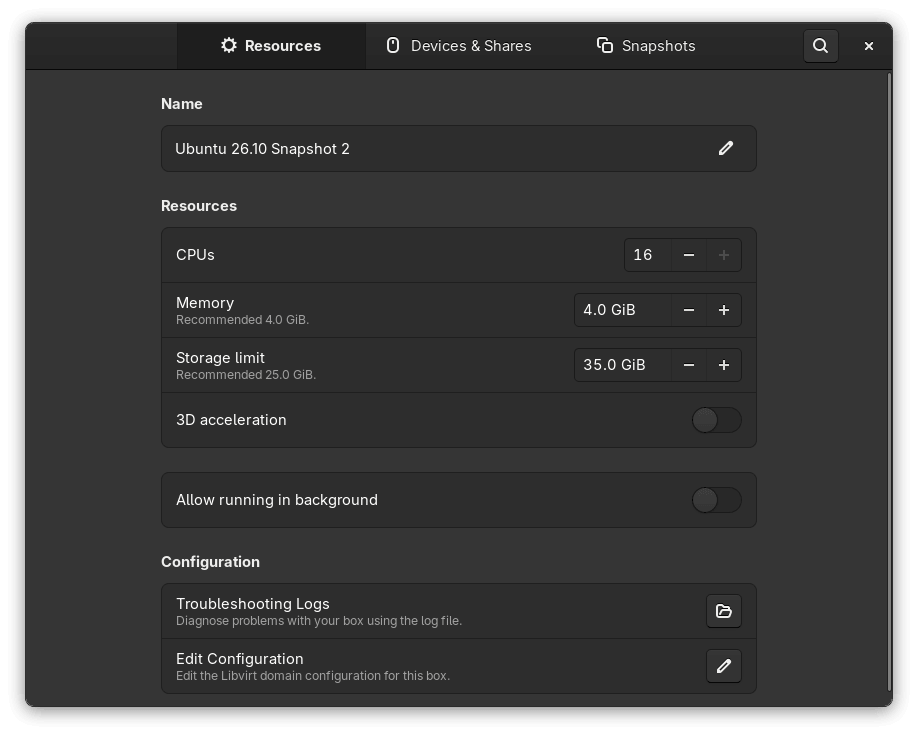 the virtual machine properties dialog on gnome boxes