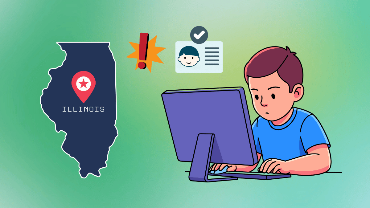 map of the state of illinois (left), a child using a computer (right)