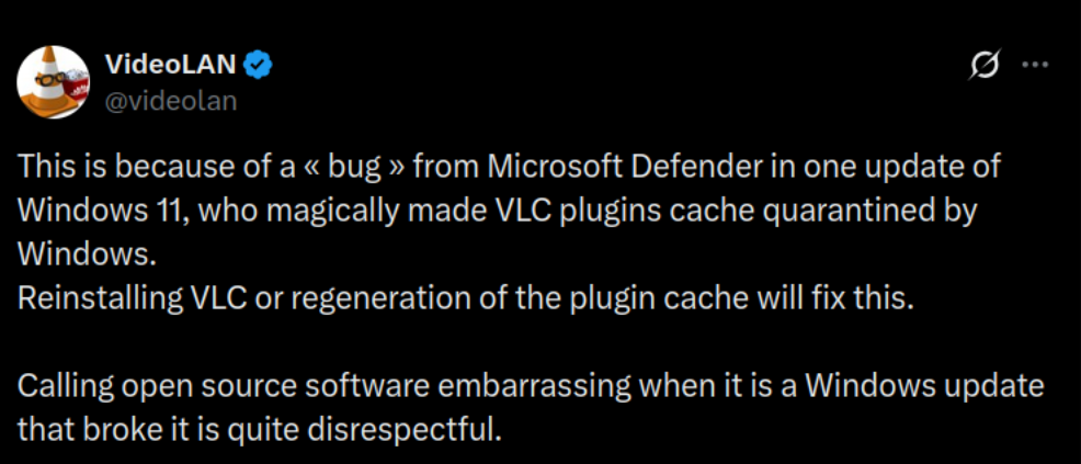 VLC blames the delay on Microsoft Defender