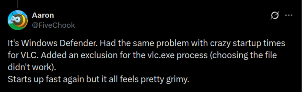 User suggests adding VLC in Defender exclsuion list