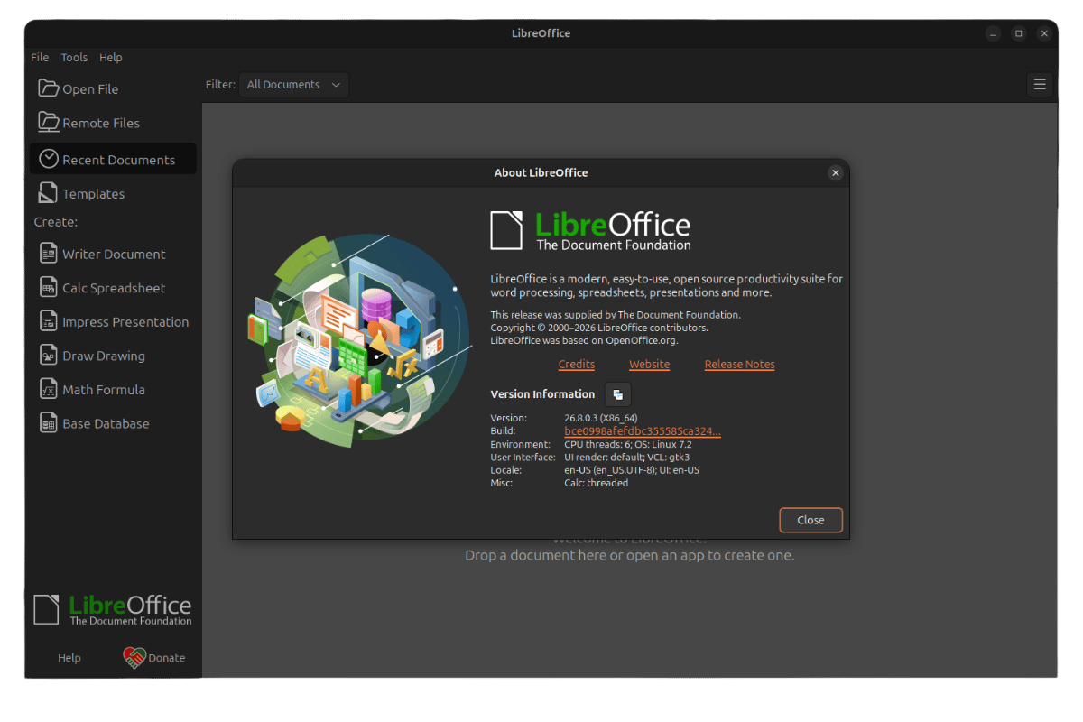 about dialog for the libreoffice 26.8 release is shown here, with the rest of the interface visible in the background