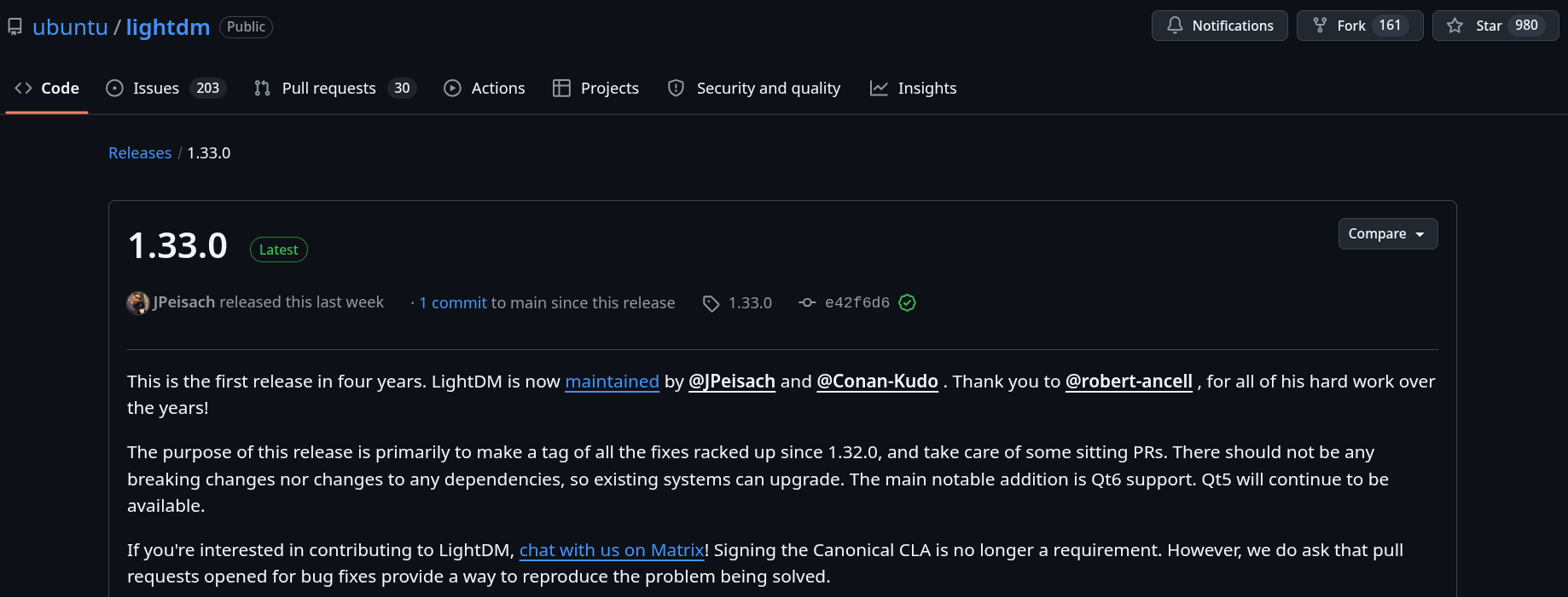 the github repo for lightdm with the releases page open for the 1.33.0 release, a bunch of text is visible inside a box below