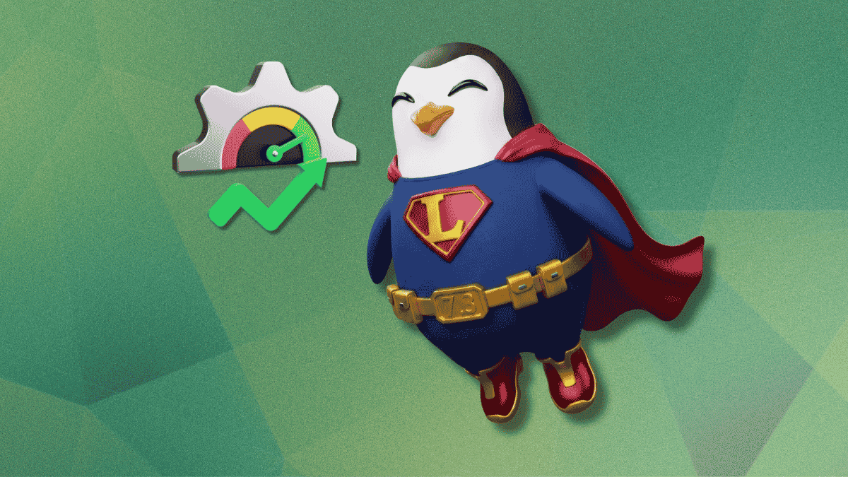 a superhero-themed penguin is shown wearing a suit with a cape, flying near an illustration of increased performance shown via a gear, speedometer and green upwards arrow