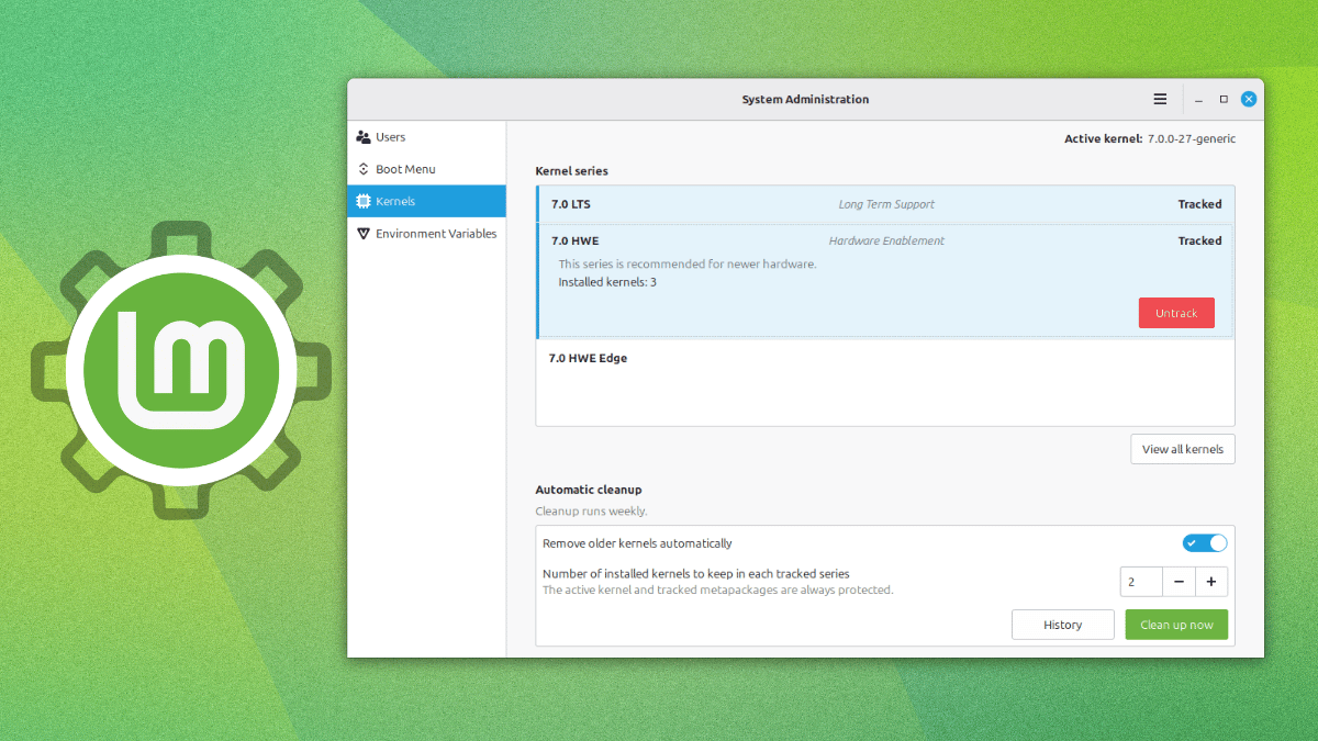 linux mint logo on left inside a gear, a screenshot of the system administration app with the new "kernels" page open on the right