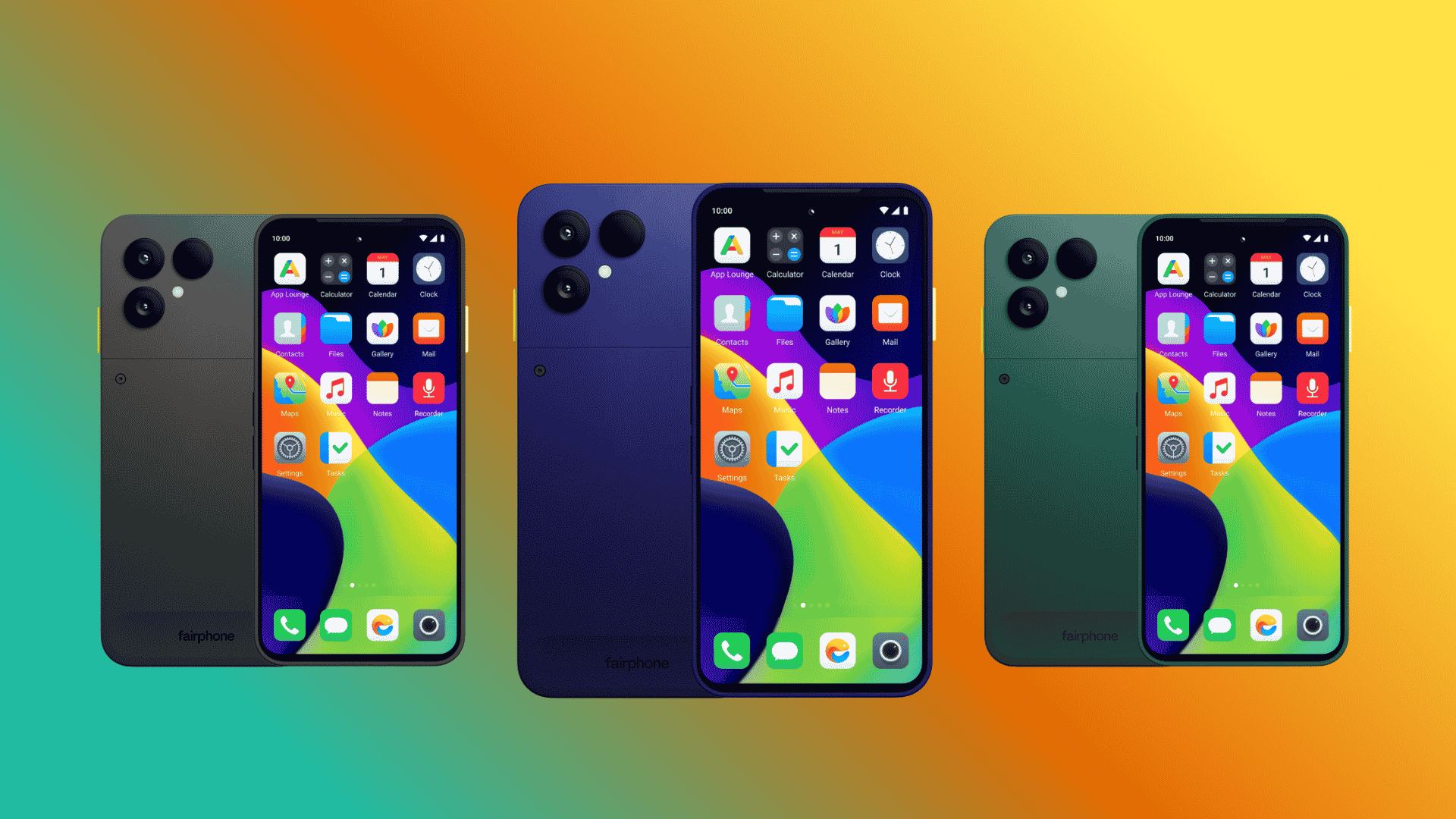 the three colorways for the murena fairphone (gen. 6+) are shown here; horizon black, cobalt blue, and forest green