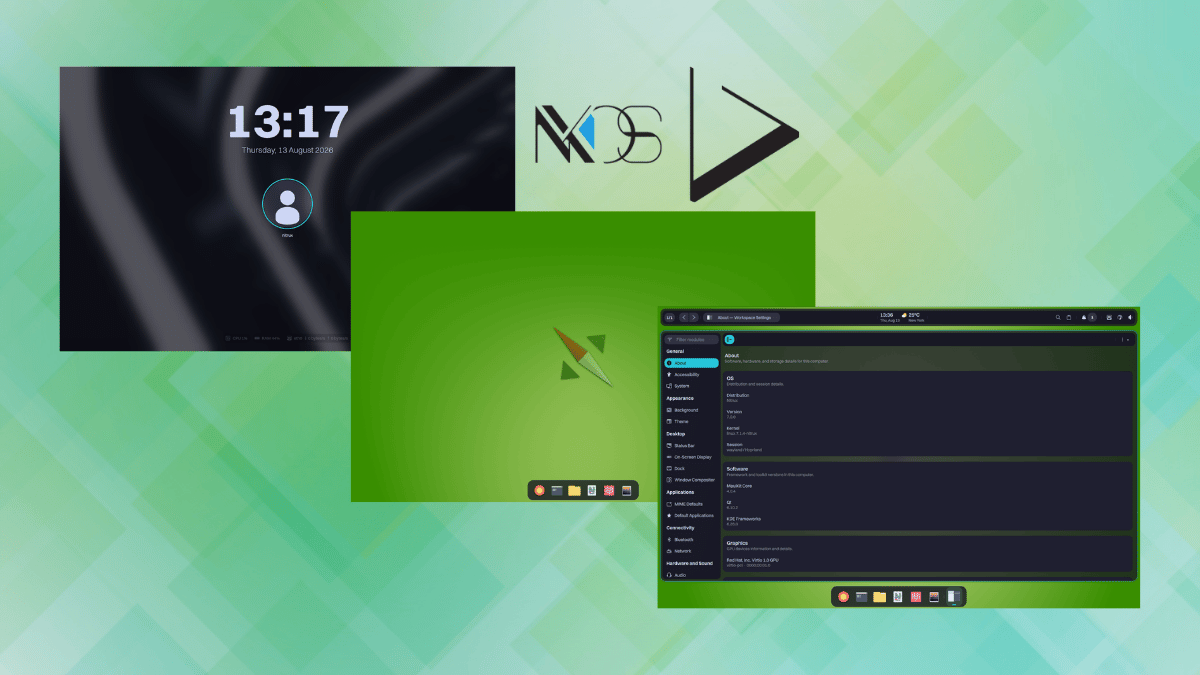 three screenshots of the new interface components for nitrux are shown here with the nitrux project logo
