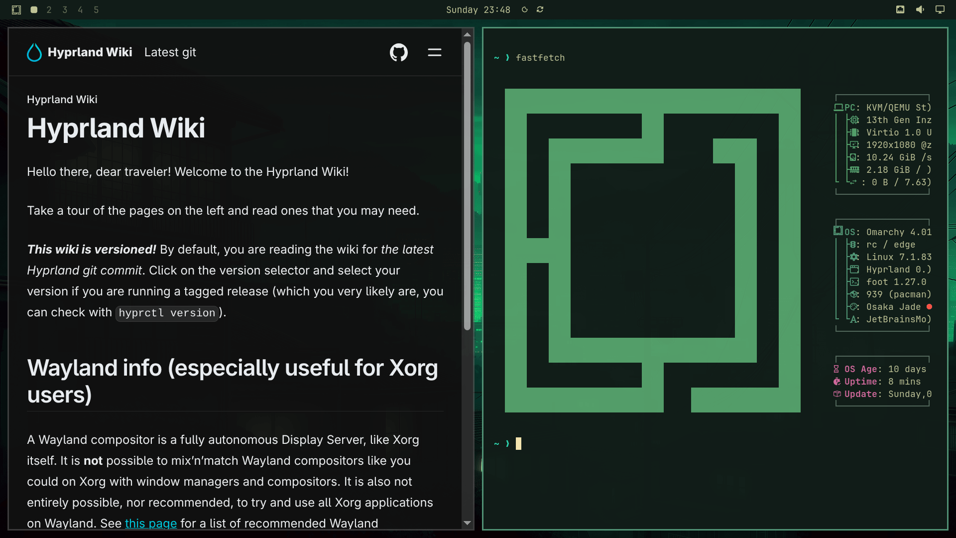 on a omarchy sytem, the osaka jade theme is used on hyprland, showcasing two app windows, one is the hyprland wiki, the other is a terminal window showing fastfetch output