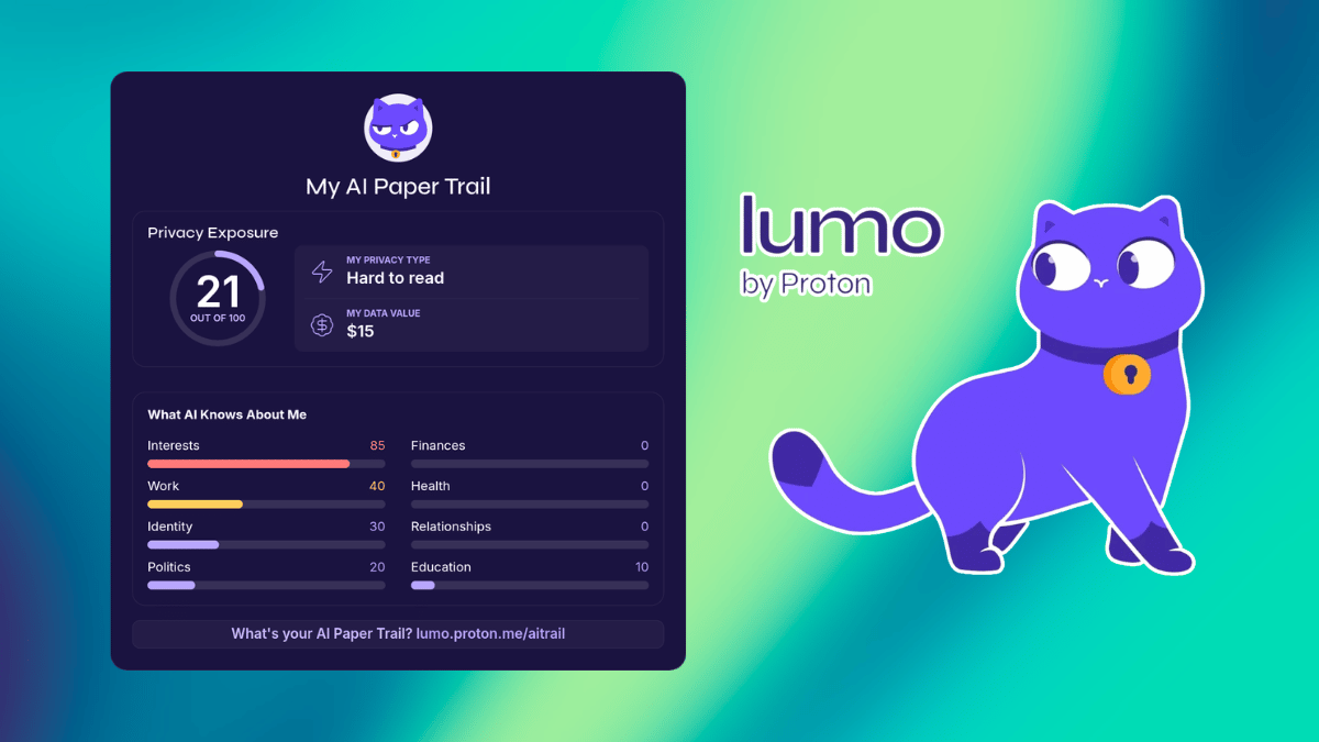 an ai paper trail scorecard on the left, the feline mascot of lumo assistant by proton on the right