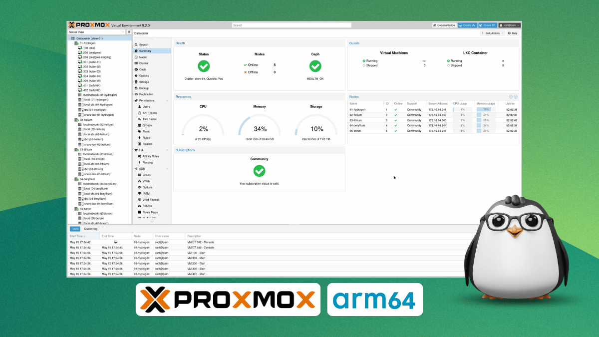 illustration depicting a screenshot of proxmox ve 9.2 and the proxmox and arm64 logos, there's also a penguin standing on the right