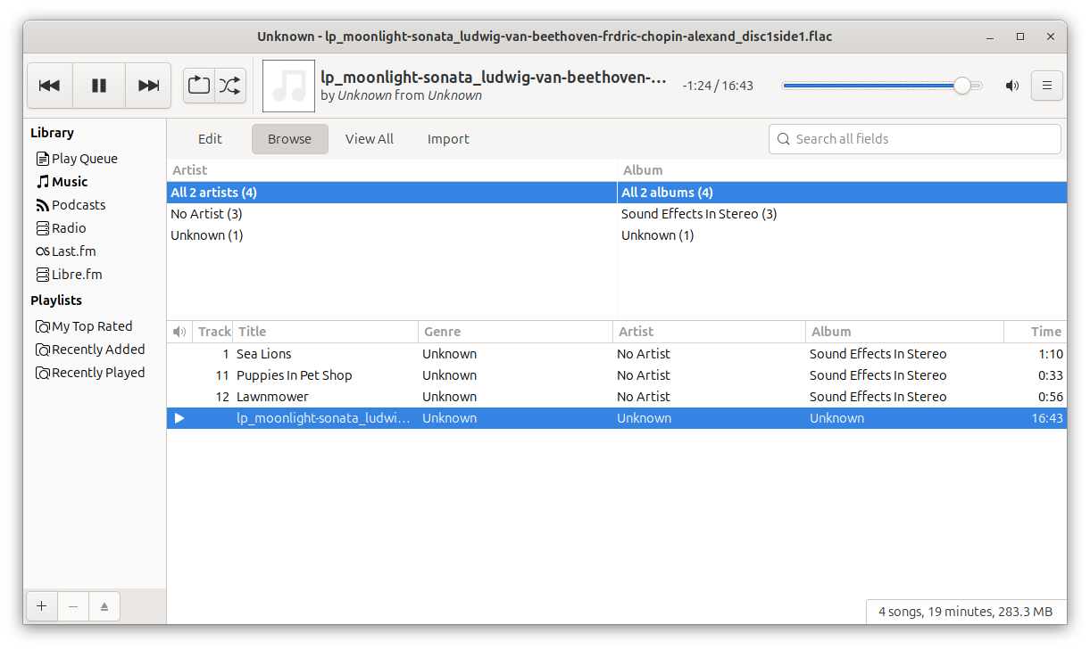 the unofficial flatpak build of rhythmbox 3.5.0 playing a song