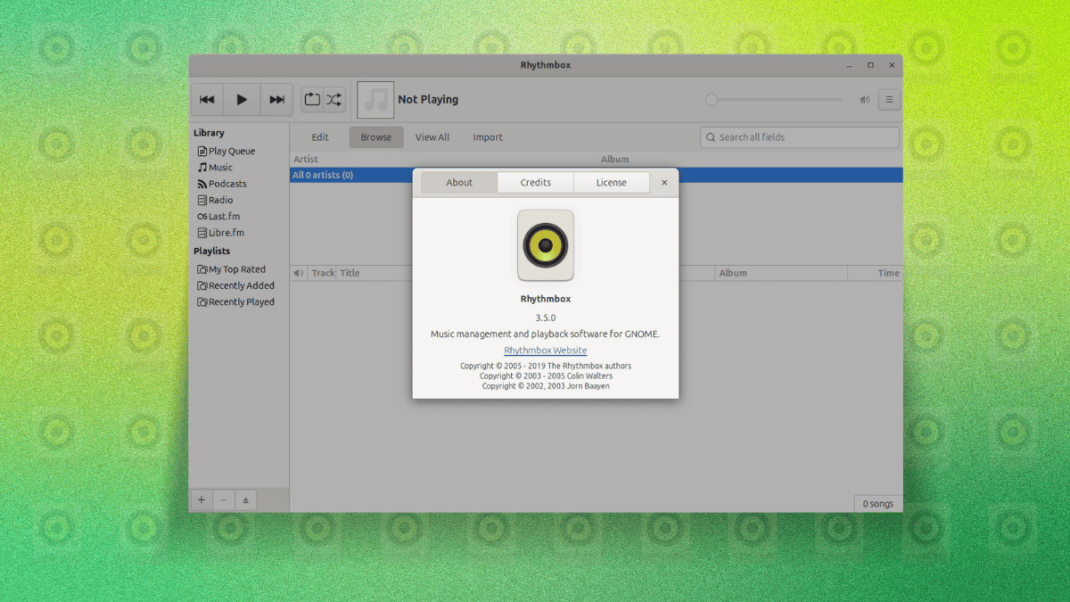 against a green background with the rhythmbox logo strewn about is a screenshot of rhythmbox 3.5.0's about dialog and interface