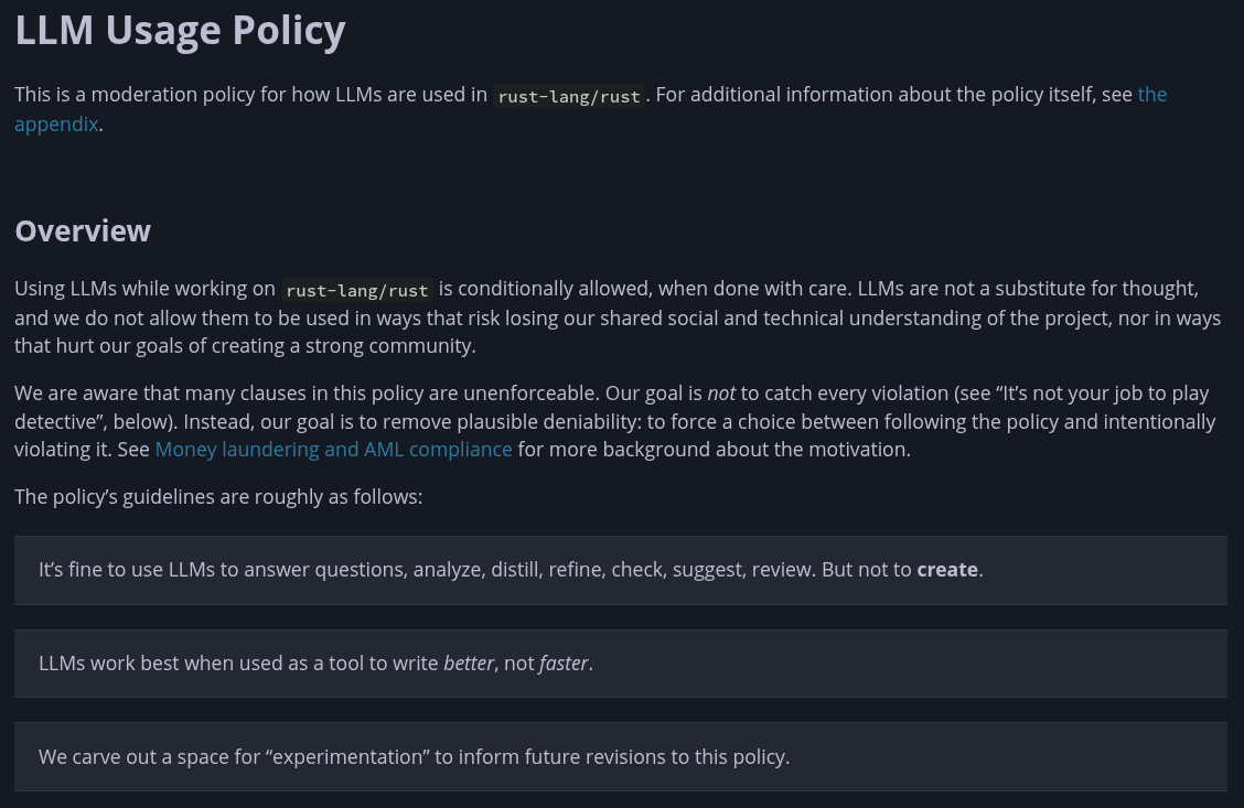 a wall of text that discusses some aspects of rust's new llm usage policy