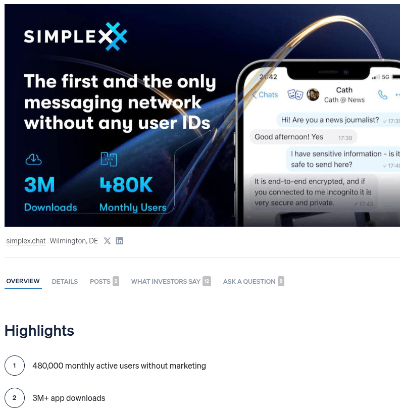a banner cropped from a wefunder listing for simplex chat