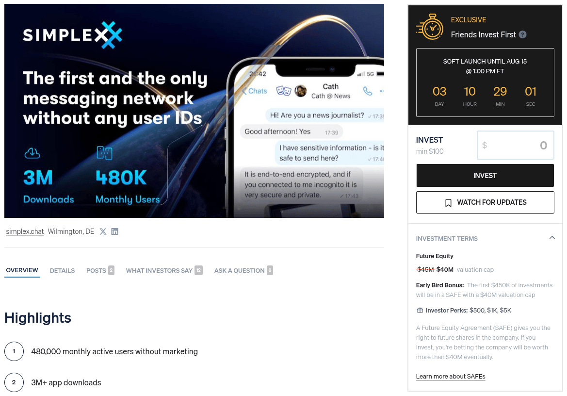 a banner cropped from a wefunder listing for simplex chat
