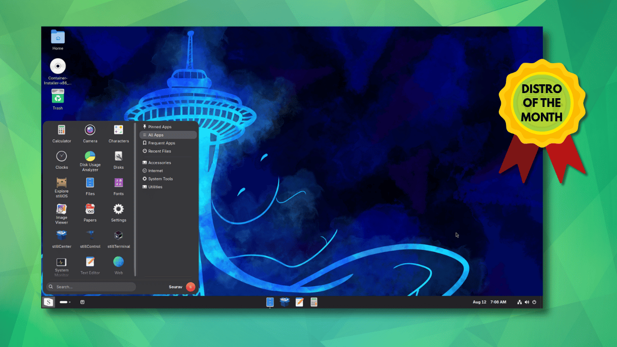 stillos screenshot showcasing the app launcher and wallpaper, with a "distro of the month" badge applied on the right