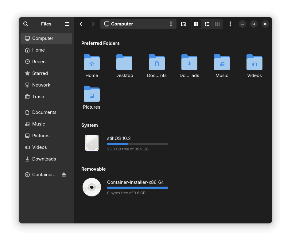 the file manager for stillos that is showing the "computer" page with many folders, storage, and removable media items