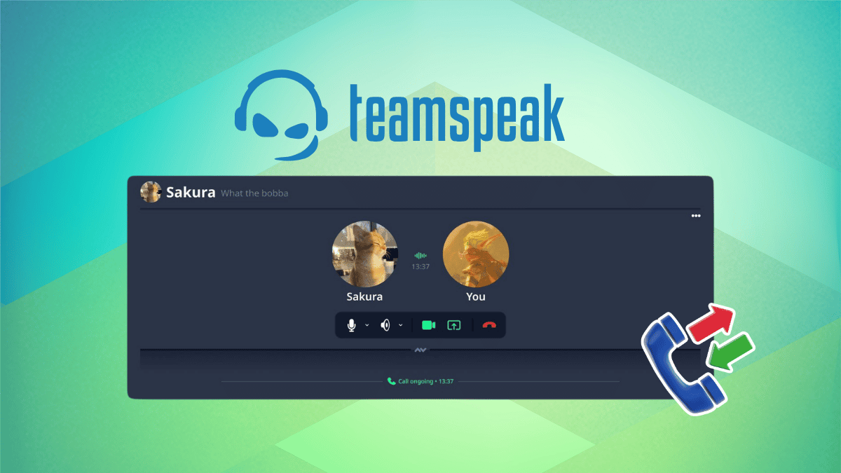 the new direct calling feature for teamspeak is showcased in the center, with the logo for teamspeak floating above, and an illustration showing a two-way phone call below