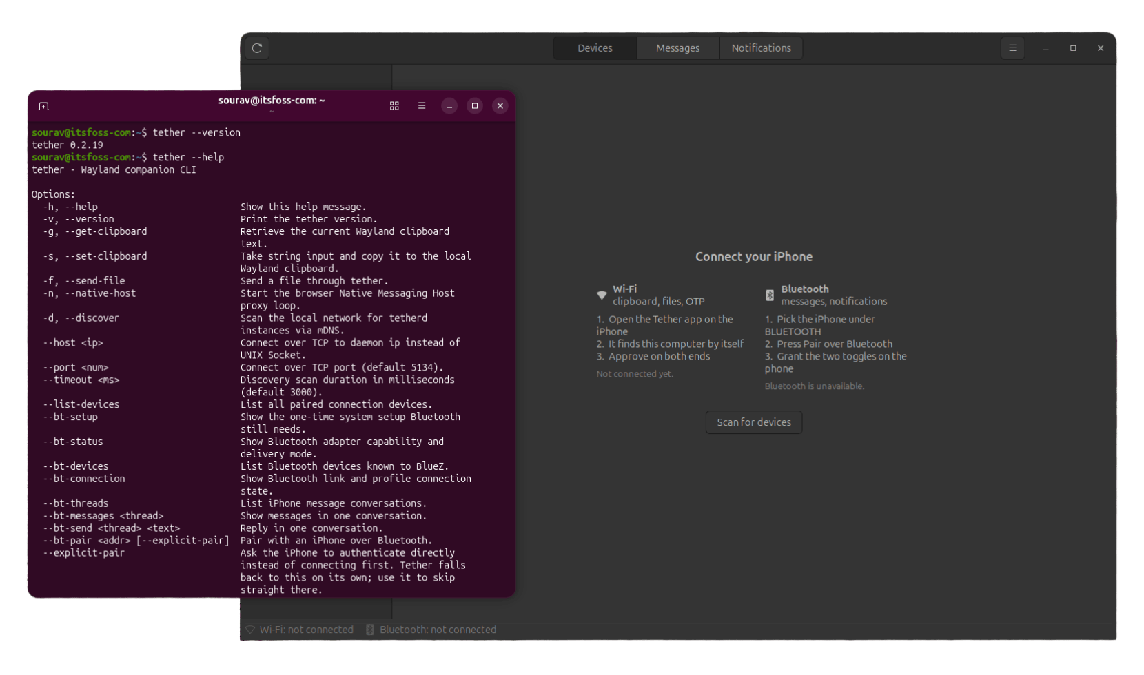 two app windows are shown here, on the left is a terminal window showing two command runs related to tether, and on the right is the gui app for tether with no iphone connected