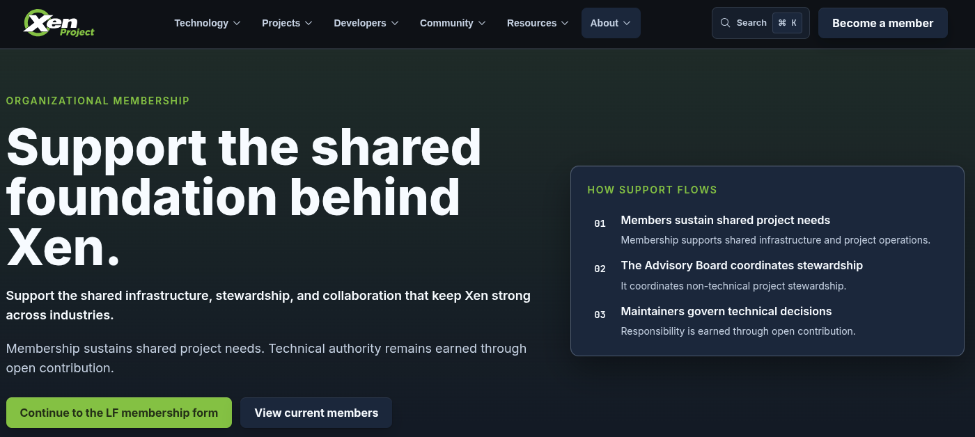 the xen project webpage is shown here, specifically the members page with lots of informational text