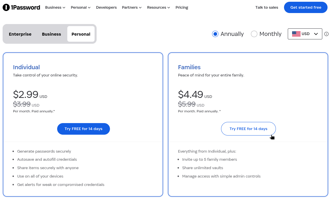 the pricing page for 1password that shows discounted pricing for the individual and families subscription options