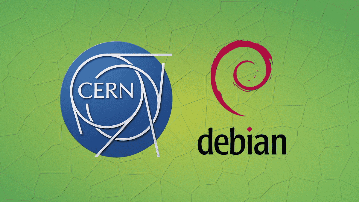cern logo (left), debian logo (right), background is green with a cell-like pattern
