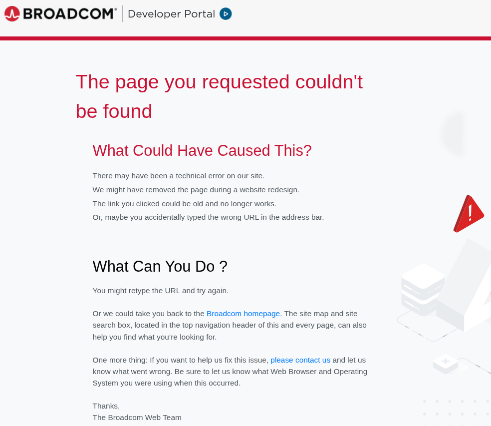 a page not found error for the vddk landing page on broadcom's developer portal