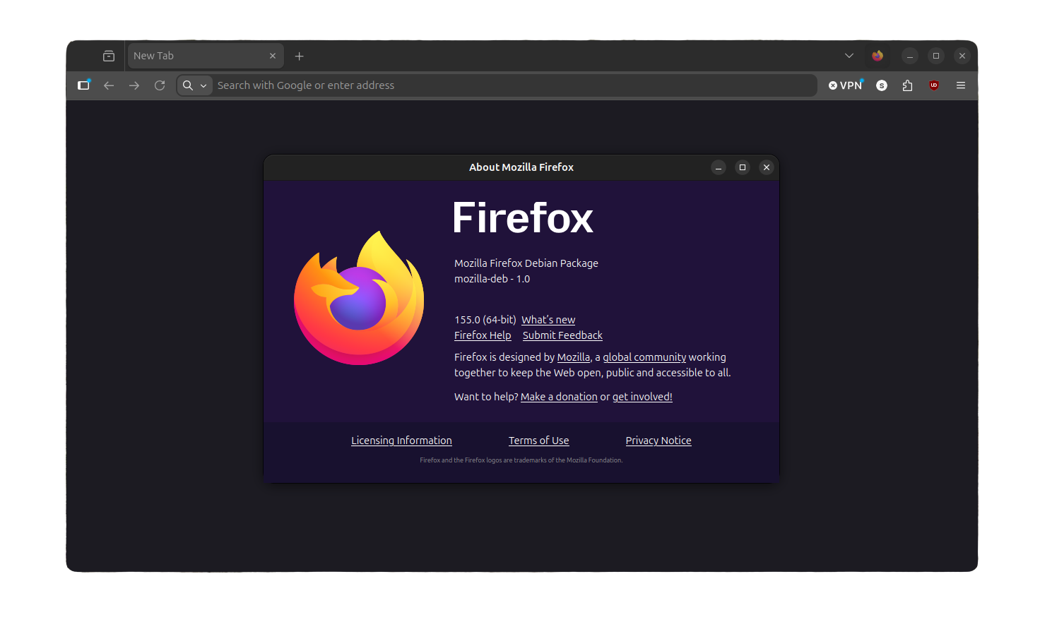 the about dialog of firefox 155 (deb package) is shown here, with ublock origin extension also shown as being installed (top-right)